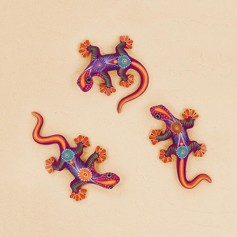 Colorful Floral Motif Ceramic Salamander Wall Art Set of 3 'Salamanders'