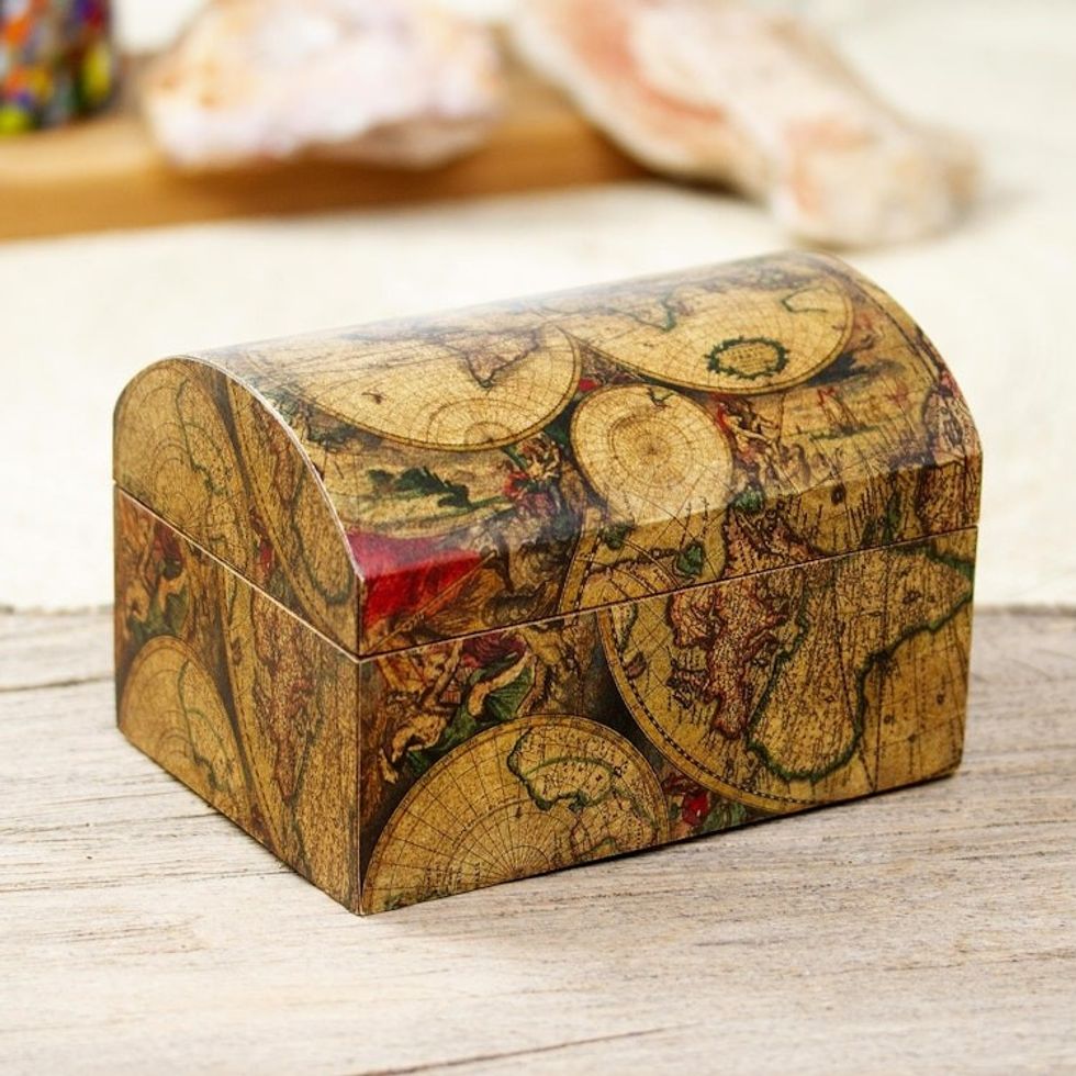 Decoupage Pinewood Decorative Box with an Old Map Image 'Old World'