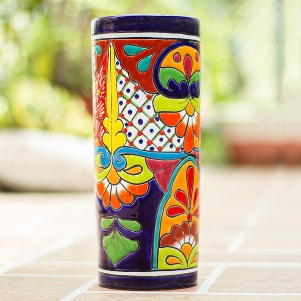 Alternate image for Cylindrical Talavera-Style Ceramic Vase from Mexico Cylindrical Talavera