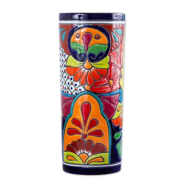 Alternate image for Cylindrical Talavera-Style Ceramic Vase from Mexico Cylindrical Talavera