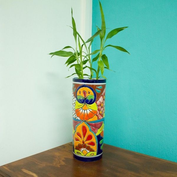 Alternate image for Cylindrical Talavera-Style Ceramic Vase from Mexico Cylindrical Talavera