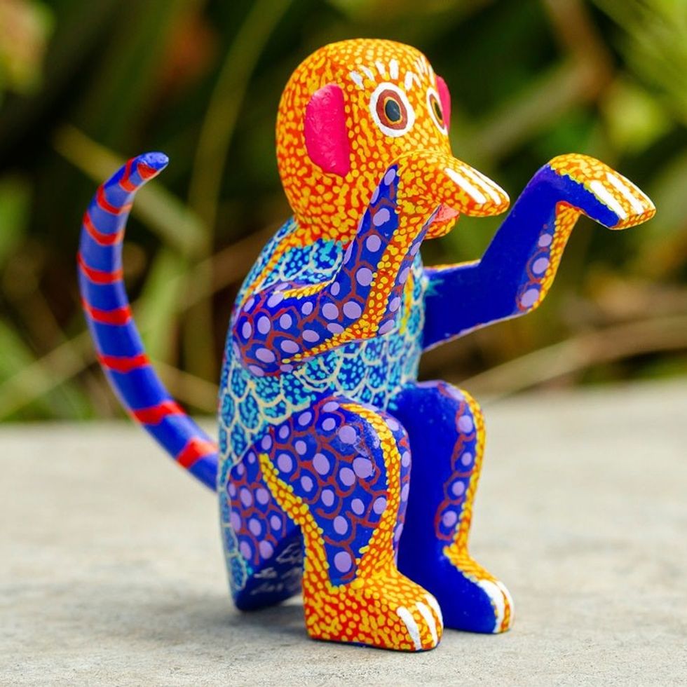 Small Hand-Painted Wood Alebrije Sculpture 'Bright Monkey'