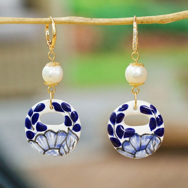 Alternate image for Cultured Pearl and Blue Talavera Ceramic Dangle Earrings Cobalt Eclipse