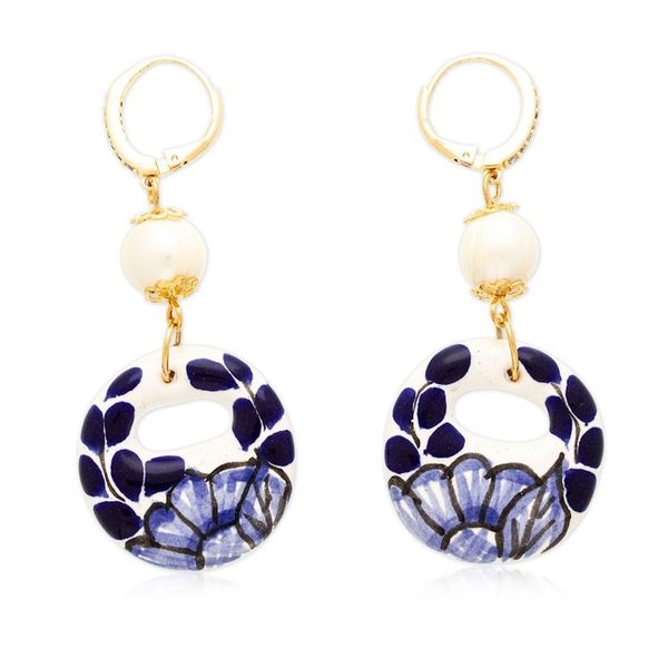 Alternate image for Cultured Pearl and Blue Talavera Ceramic Dangle Earrings Cobalt Eclipse