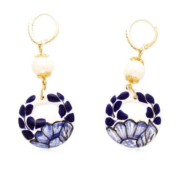 Alternate image for Cultured Pearl and Blue Talavera Ceramic Dangle Earrings Cobalt Eclipse