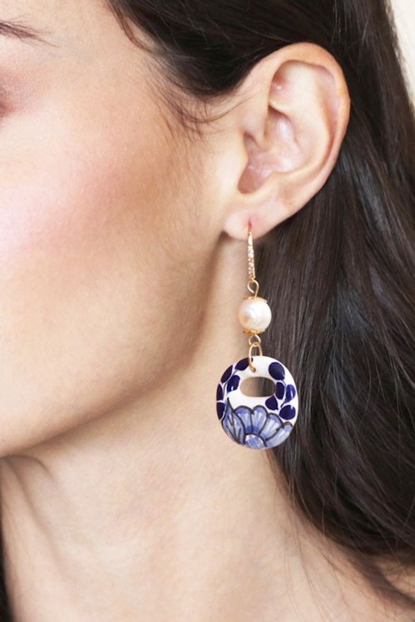 Alternate image for Cultured Pearl and Blue Talavera Ceramic Dangle Earrings Cobalt Eclipse