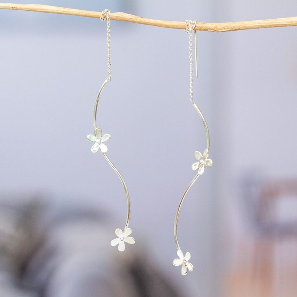 Floral Sterling Silver Threader Earrings Made in Mexico 'Blooming Eternity'