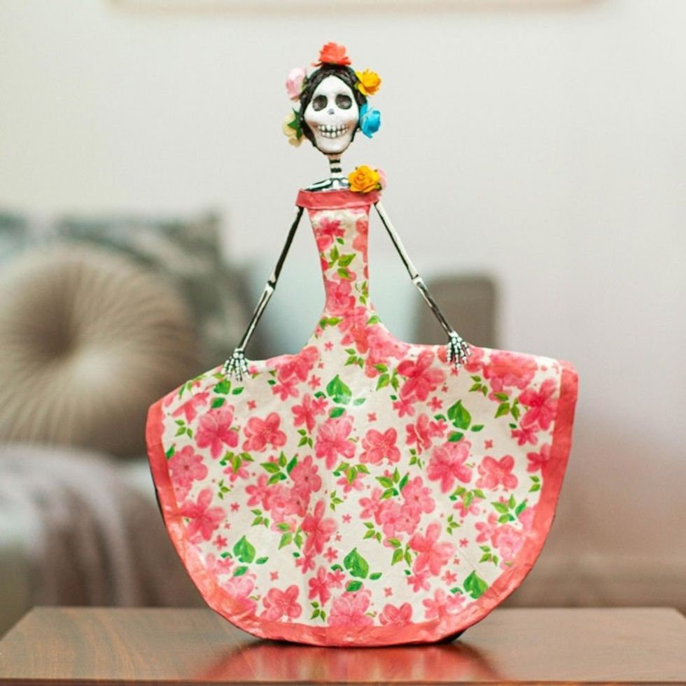 Papier Mache Catrina Figure with Rose Themed Dress 'Catrina in Spring'