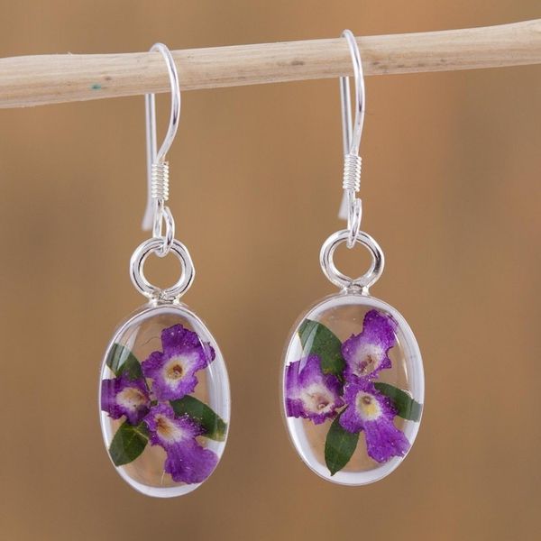 Alternate image for Purple Natural Flower Dangle Earrings from Mexico Enduring Flowers