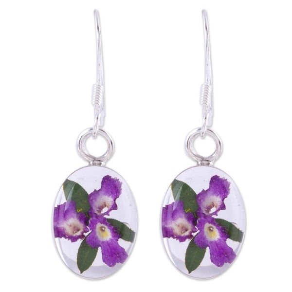 Alternate image for Purple Natural Flower Dangle Earrings from Mexico Enduring Flowers