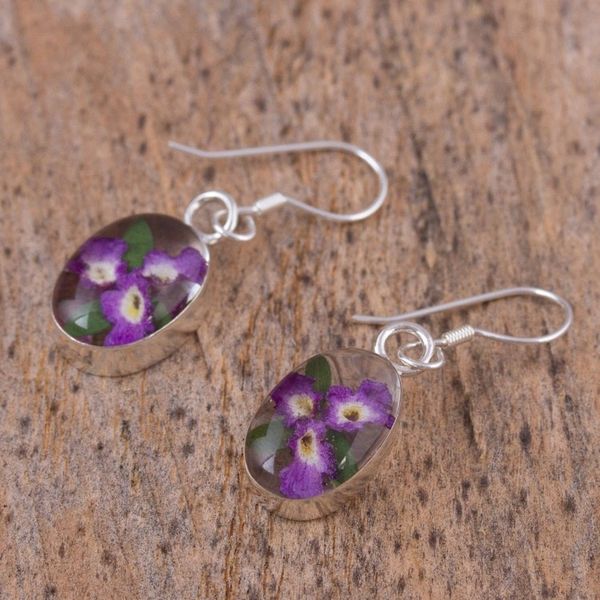 Alternate image for Purple Natural Flower Dangle Earrings from Mexico Enduring Flowers
