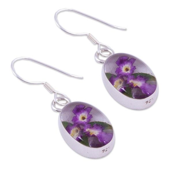 Alternate image for Purple Natural Flower Dangle Earrings from Mexico Enduring Flowers