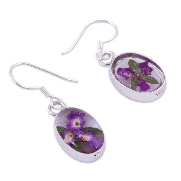 Alternate image for Purple Natural Flower Dangle Earrings from Mexico Enduring Flowers