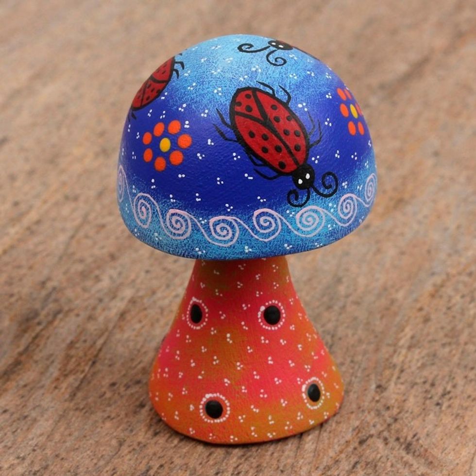 Hand Painted Wood Alebrije Mushroom Figurine from Mexico 'Lady Bug Mushroom'