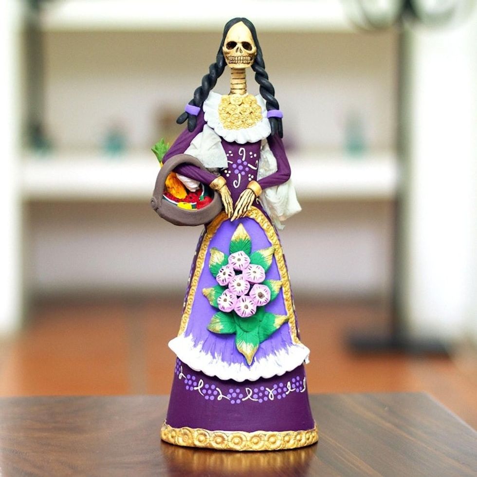 Handcrafted Ceramic Catrina Statuette 'La Catrina Candelaria'