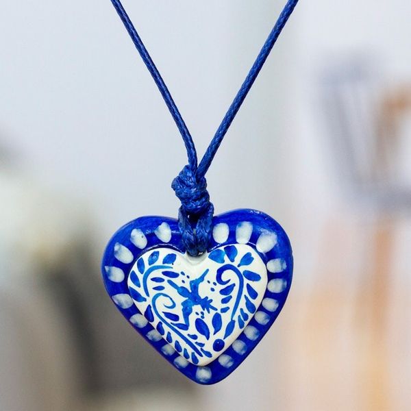 Alternate image for Blue White Talavera Style Papier Mache Heart Necklace Talavera Heart