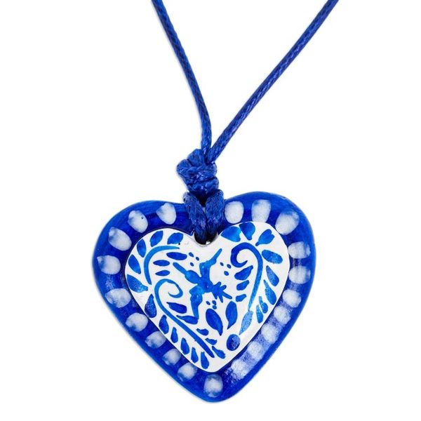 Alternate image for Blue White Talavera Style Papier Mache Heart Necklace Talavera Heart