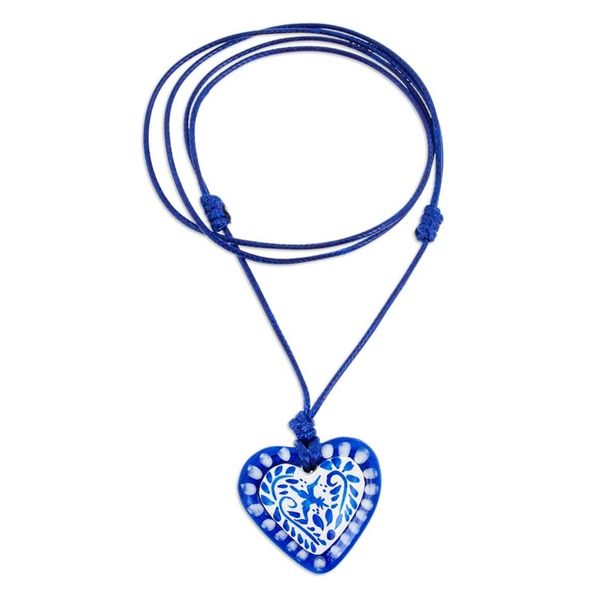Alternate image for Blue White Talavera Style Papier Mache Heart Necklace Talavera Heart