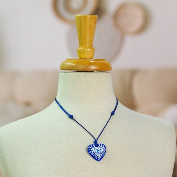 Alternate image for Blue White Talavera Style Papier Mache Heart Necklace Talavera Heart