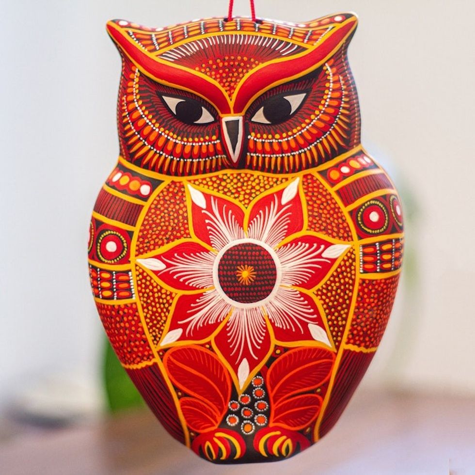 Hand Painted Ceramic Owl Wall Art from Mexico 'Wild Owl'