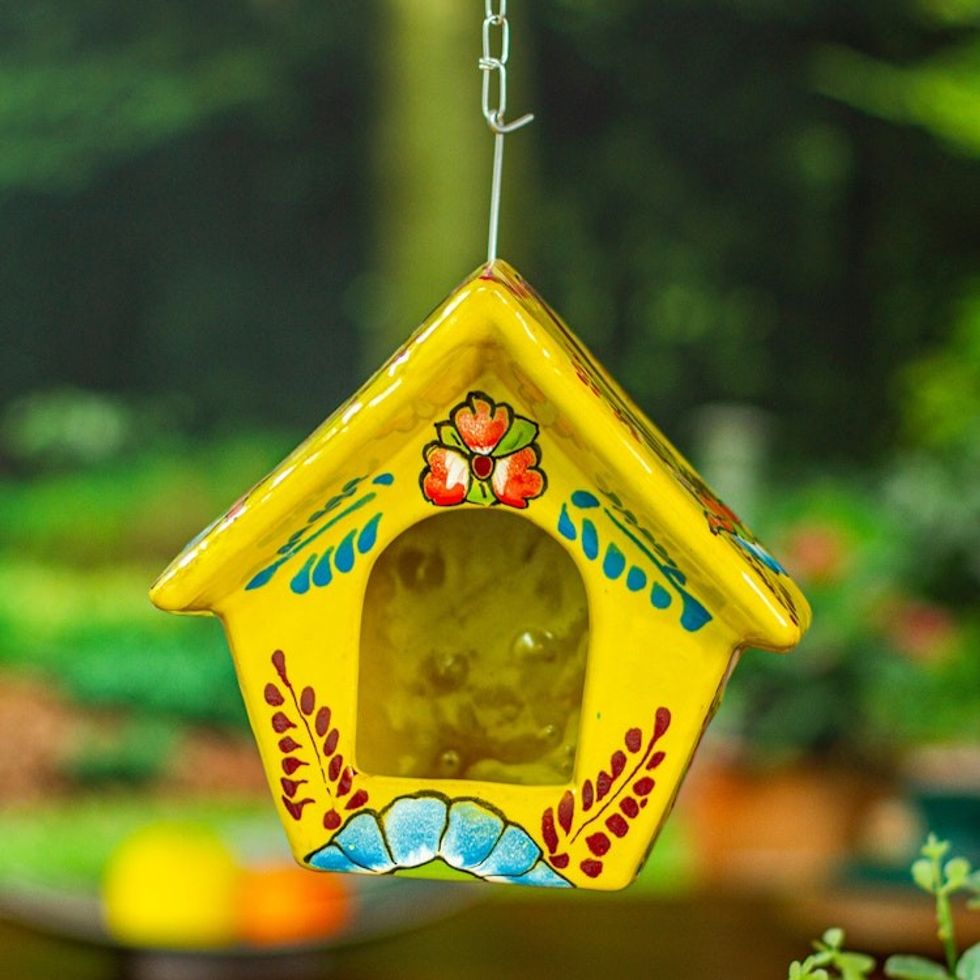 Hand-Painted Talavera Ceramic Bird Feeder in Yellow 'Goldenrod Arcadia'