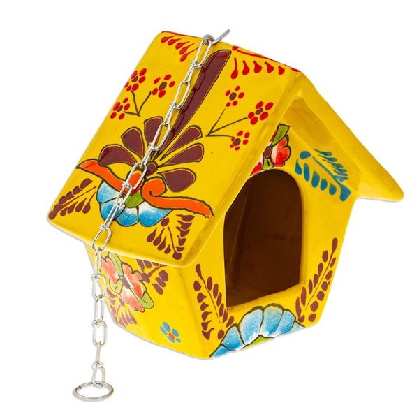 Alternate image for Hand-Painted Talavera Ceramic Bird Feeder in Yellow Goldenrod Arcadia