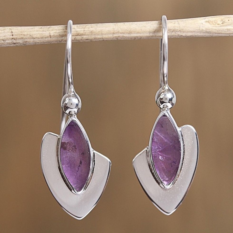 Taxco Silver Modern Amethyst Drop Earrings from Mexico 'Amethyst Blades'