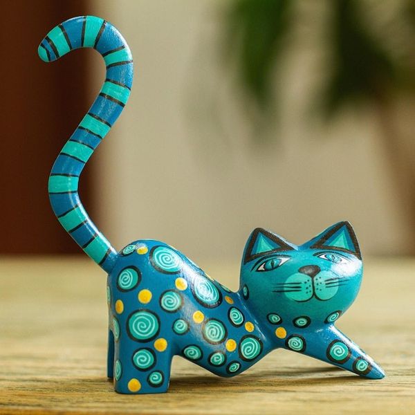Alternate image for Modern Turquoise Cat Alebrije Sculpture Turquoise Cat