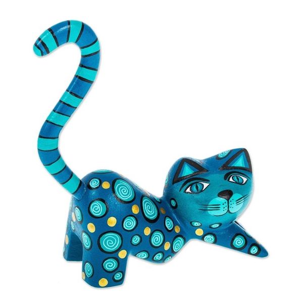 Alternate image for Modern Turquoise Cat Alebrije Sculpture Turquoise Cat