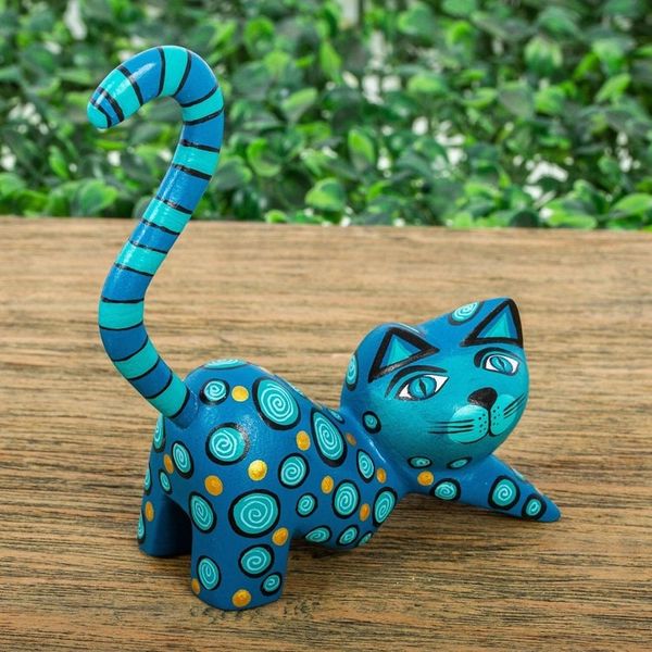 Alternate image for Modern Turquoise Cat Alebrije Sculpture Turquoise Cat