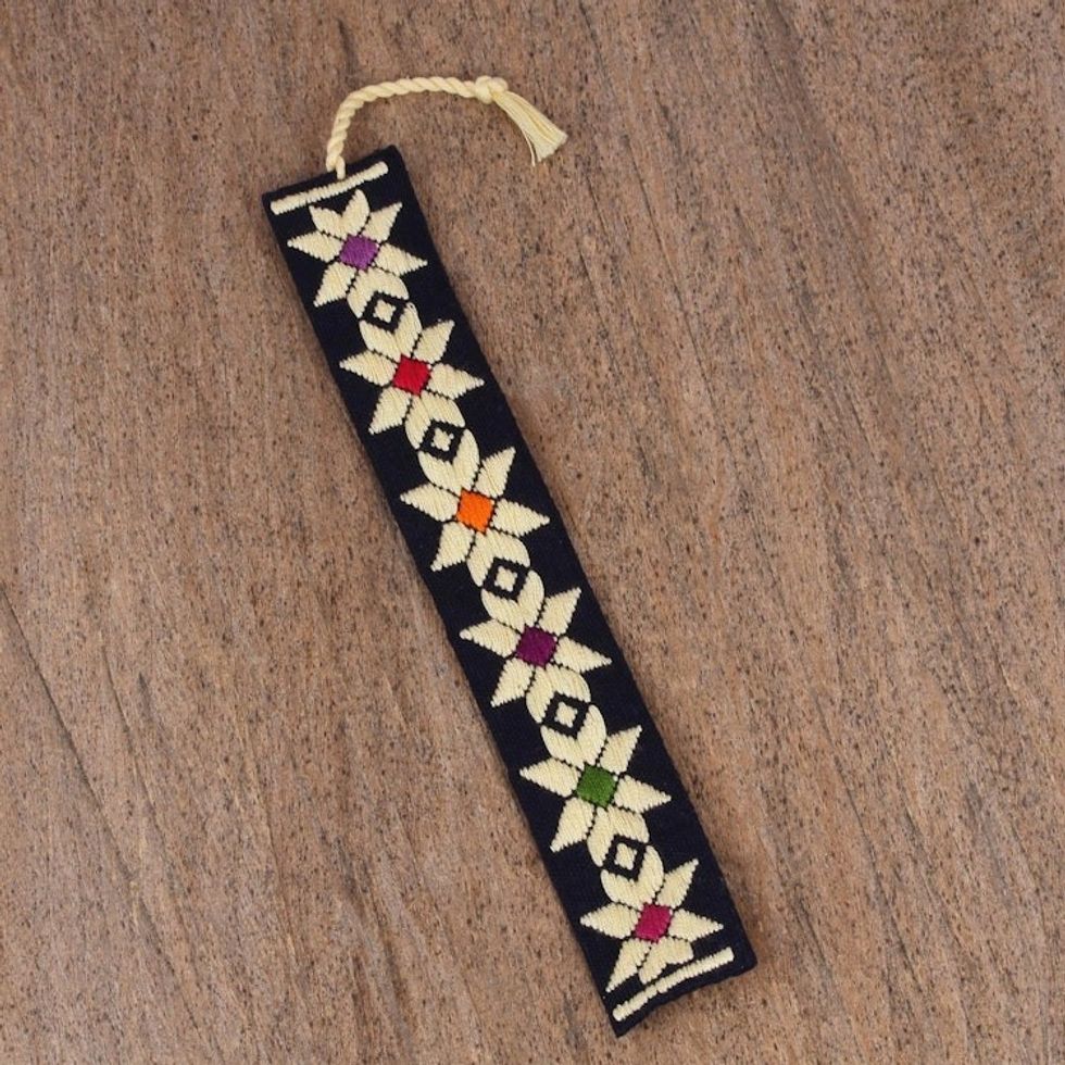 Hand Crafted Multi-Color Embroidered Cotton Bookmark 'Star Flowers'