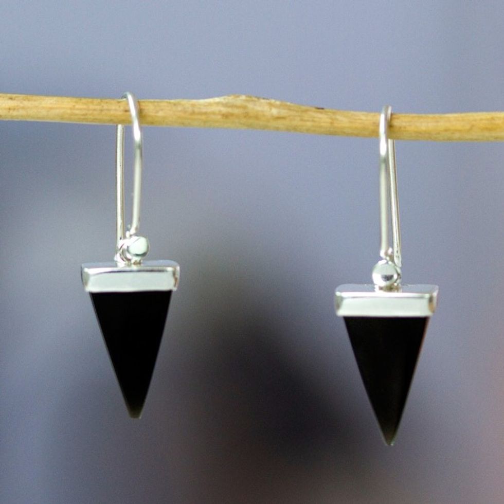 Taxco Silver Natural Onyx Pyramid-Themed Dangle Earrings 'Posh Pyramid'