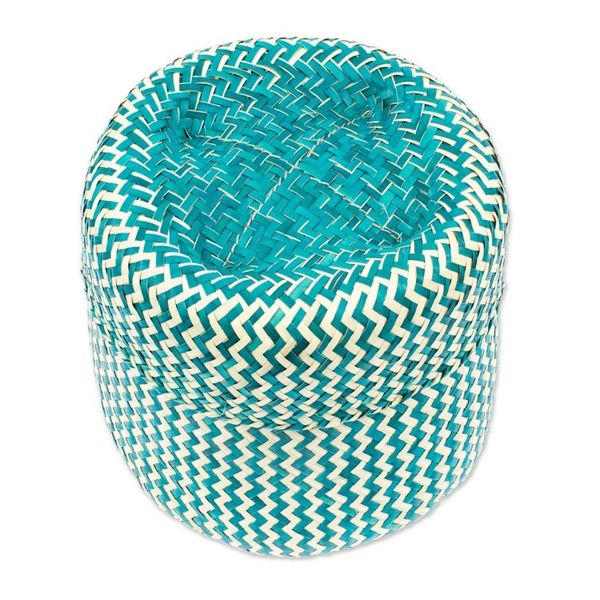 Alternate image for Green Basket with Lid Hand-Woven from Palm Fiber in Mexico Tiger in Green