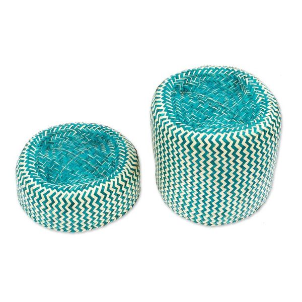 Alternate image for Green Basket with Lid Hand-Woven from Palm Fiber in Mexico Tiger in Green