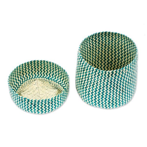Alternate image for Green Basket with Lid Hand-Woven from Palm Fiber in Mexico Tiger in Green