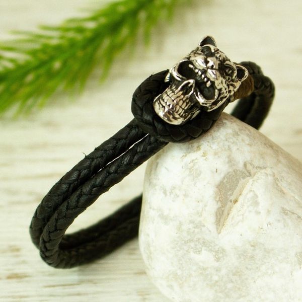 Alternate image for Mens Taxco Silver Black Leather Jaguar Knight Bracelet Jaguar Warrior Strength