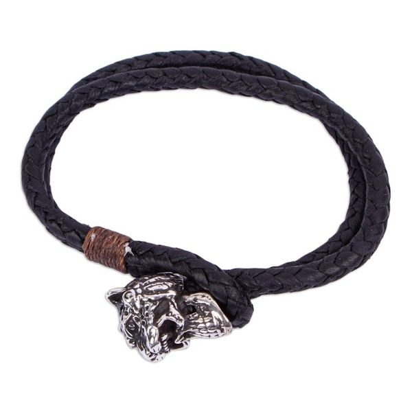 Alternate image for Mens Taxco Silver Black Leather Jaguar Knight Bracelet Jaguar Warrior Strength