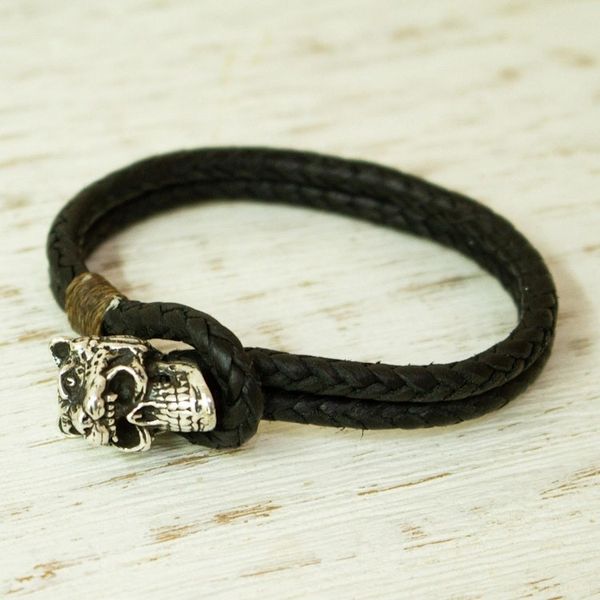 Alternate image for Mens Taxco Silver Black Leather Jaguar Knight Bracelet Jaguar Warrior Strength