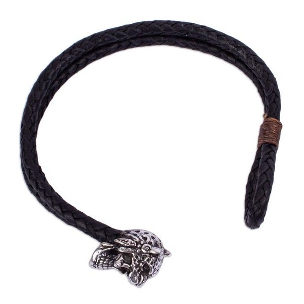 Alternate image for Mens Taxco Silver Black Leather Jaguar Knight Bracelet Jaguar Warrior Strength
