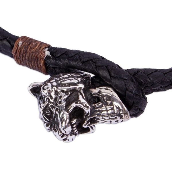 Alternate image for Mens Taxco Silver Black Leather Jaguar Knight Bracelet Jaguar Warrior Strength