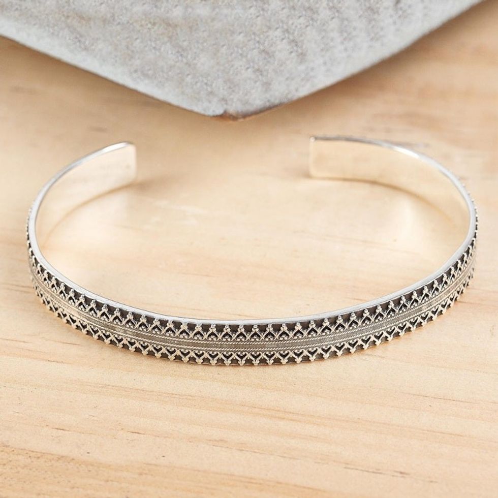 Handcrafted Signed Fine Silver Cuff Bracelet 6.5 Inch 'Moorish Mexico'