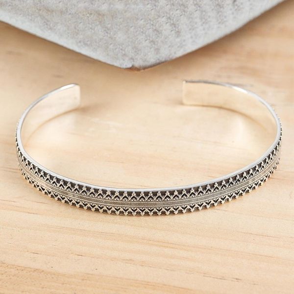 Alternate image for Handcrafted Signed Fine Silver Cuff Bracelet 6.5 Inch Moorish Mexico