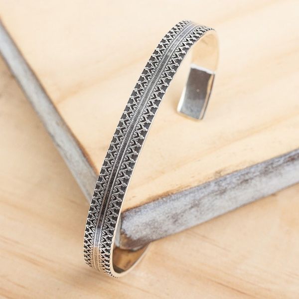 Alternate image for Handcrafted Signed Fine Silver Cuff Bracelet 6.5 Inch Moorish Mexico