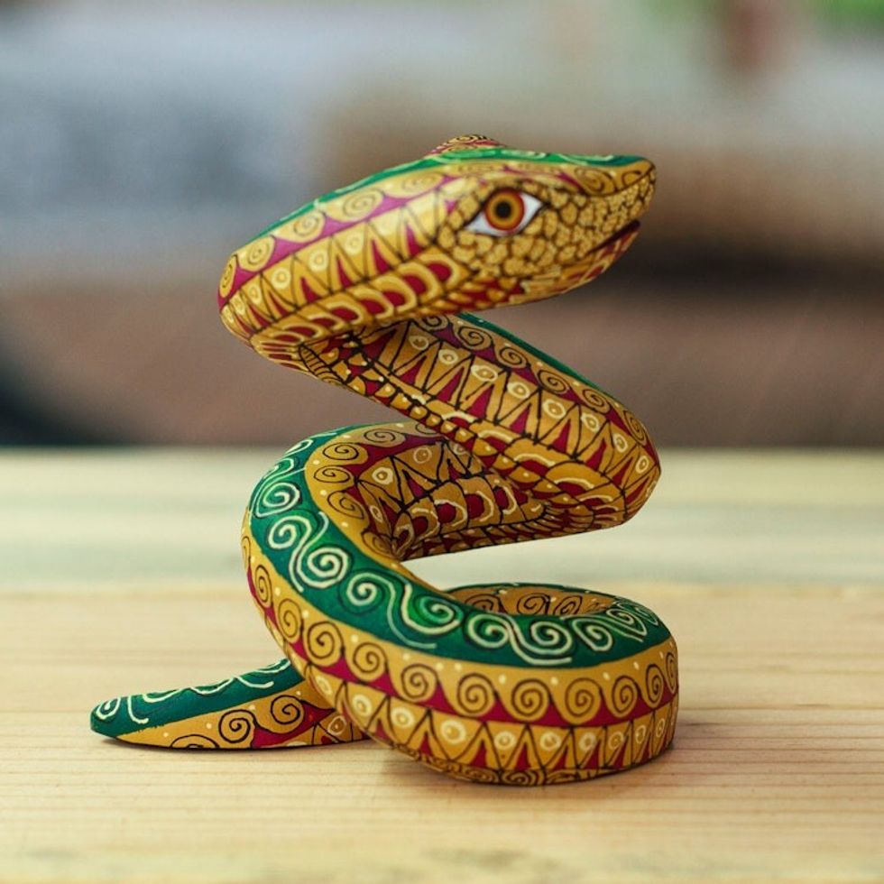 Hand-Painted Amber Copal Wood Alebrije Snake Figurine 'Amber Hiss'