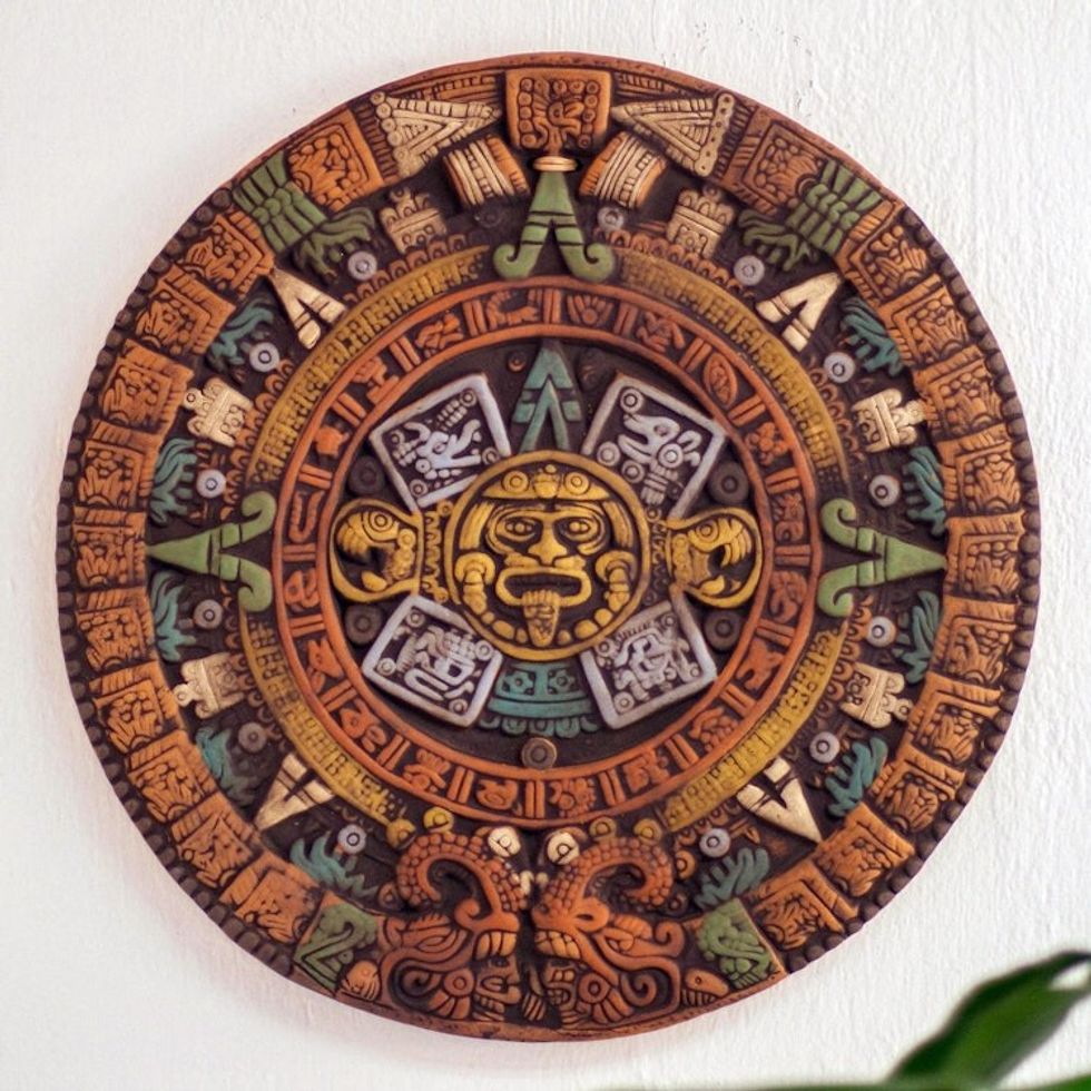Museum Replica Fifth Sun Aztec Calendar Ceramic Relief Panel 'Fifth Sun in Yellow'