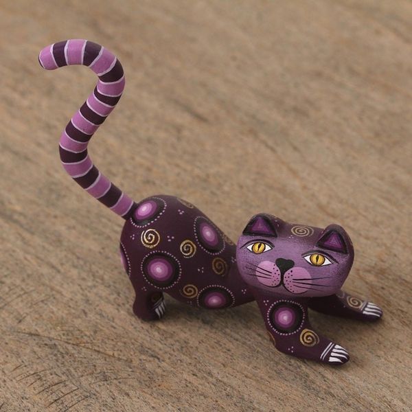 Alternate image for Handcrafted Purple Wood Alebrije Playful Cat Figurine Curiosity Cousin in Purple