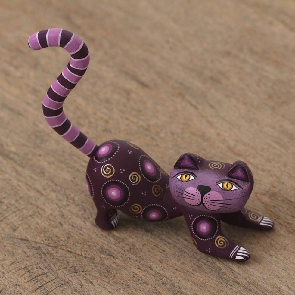 Handcrafted Purple Wood Alebrije Playful Cat Figurine 'Curiosity Cousin in Purple'