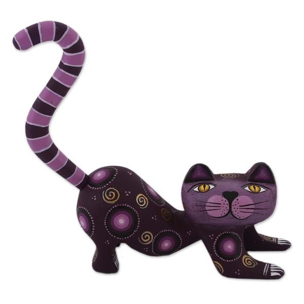 Alternate image for Handcrafted Purple Wood Alebrije Playful Cat Figurine Curiosity Cousin in Purple