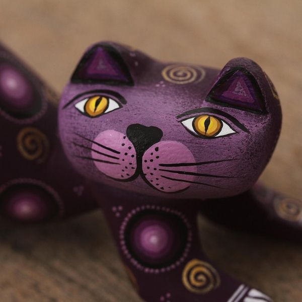 Alternate image for Handcrafted Purple Wood Alebrije Playful Cat Figurine Curiosity Cousin in Purple