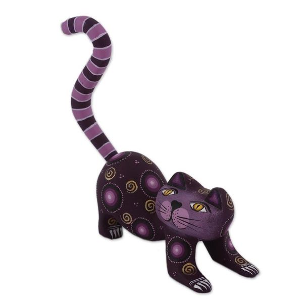 Alternate image for Handcrafted Purple Wood Alebrije Playful Cat Figurine Curiosity Cousin in Purple